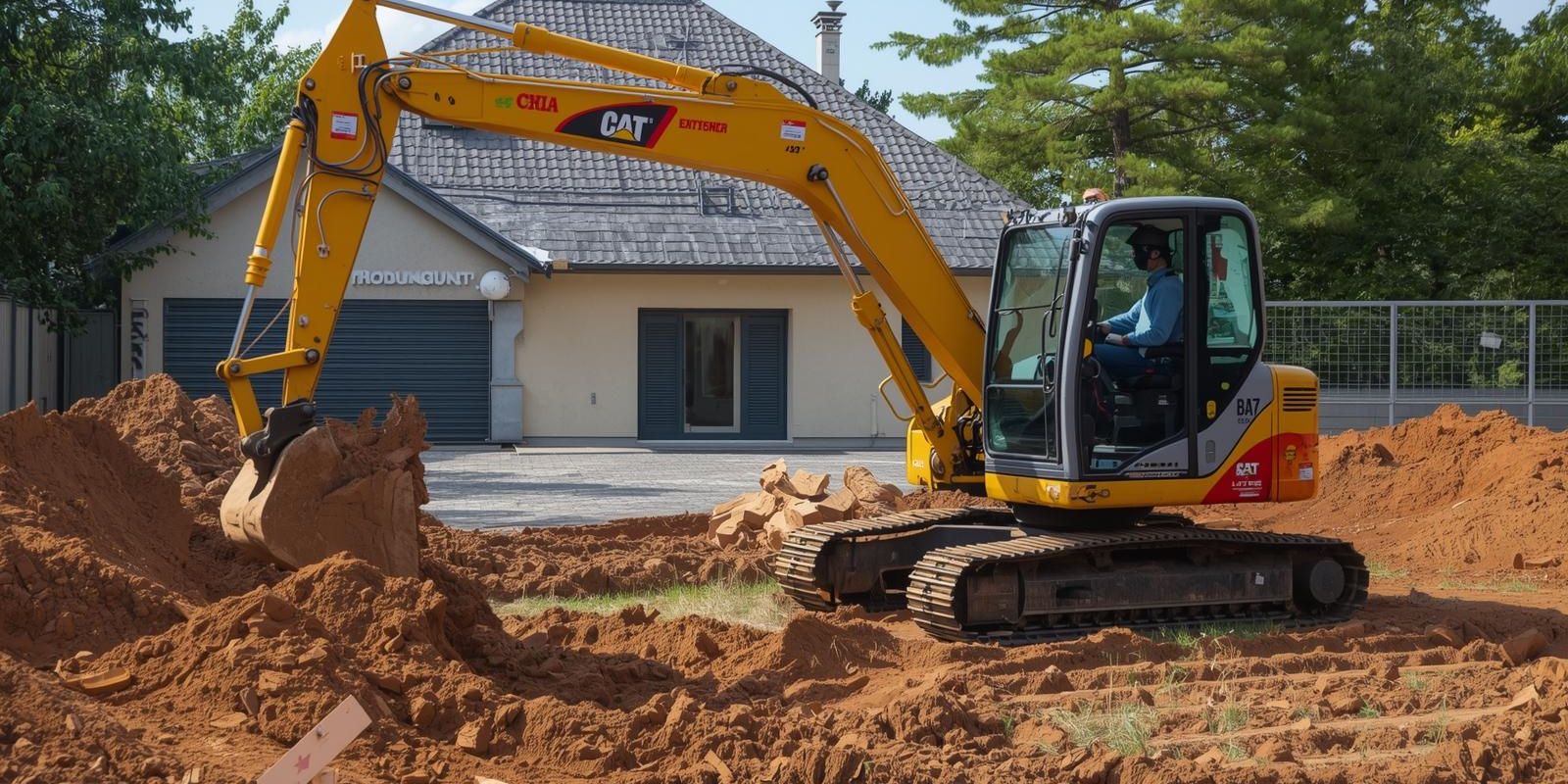 Prace ziemne w Chojnicach – koparka przygotowująca teren pod budowę domu