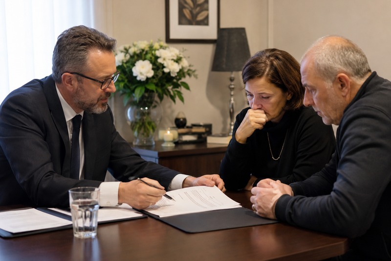 Pracownik zakładu pogrzebowego w Tarnowie pomaga rodzinie w załatwieniu formalności pogrzebowych
